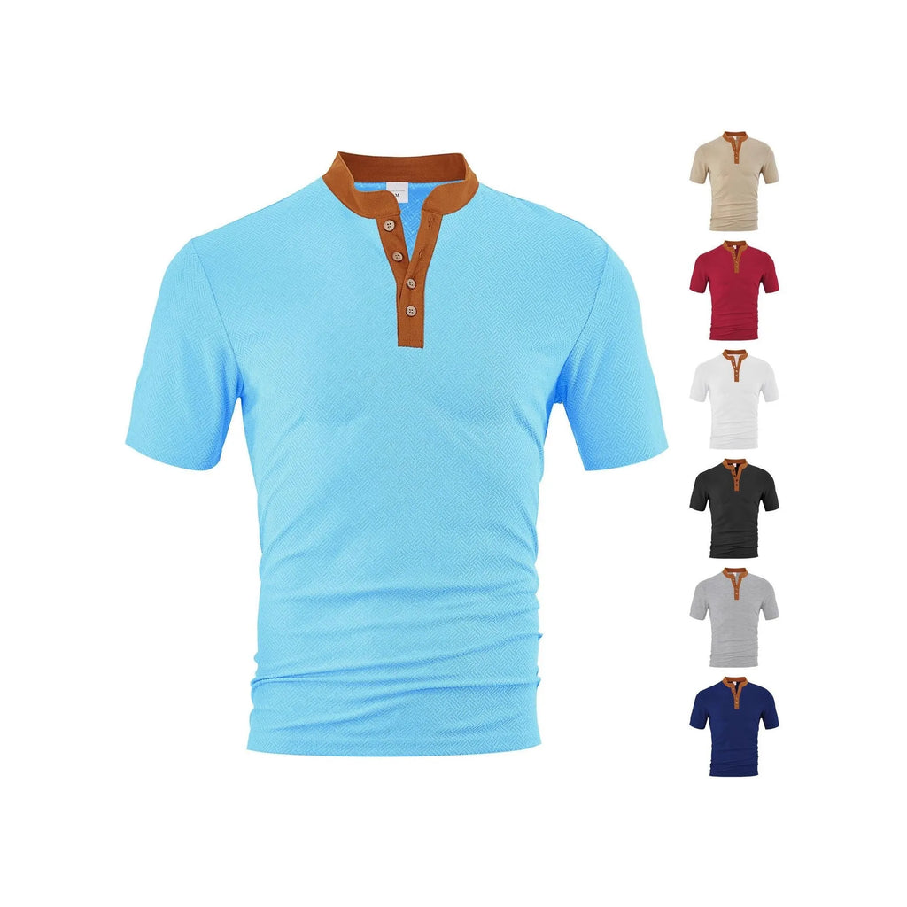 Men's loose fit short sleeve button-up shirt in polyester, available in six colours and sizes S to XXXL.