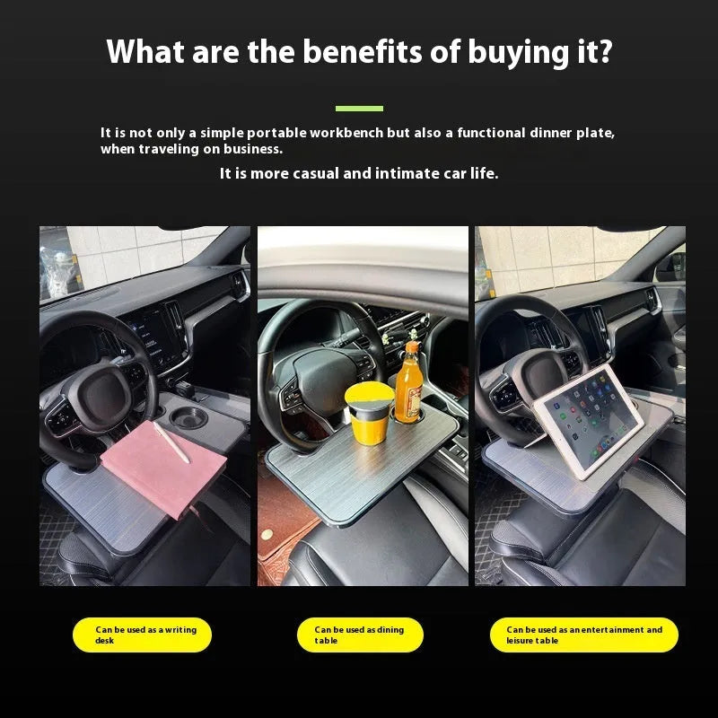 Foldable black car steering wheel laptop stand with cup holder accessory on 42x28cm surface