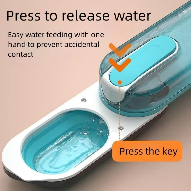 Portable pet water bottle with foldable drinking bowl in blue, grey, and pink colour options