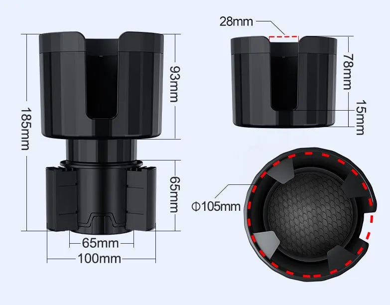Matte black car cup holder expander with adjustable base for oversized drink containers