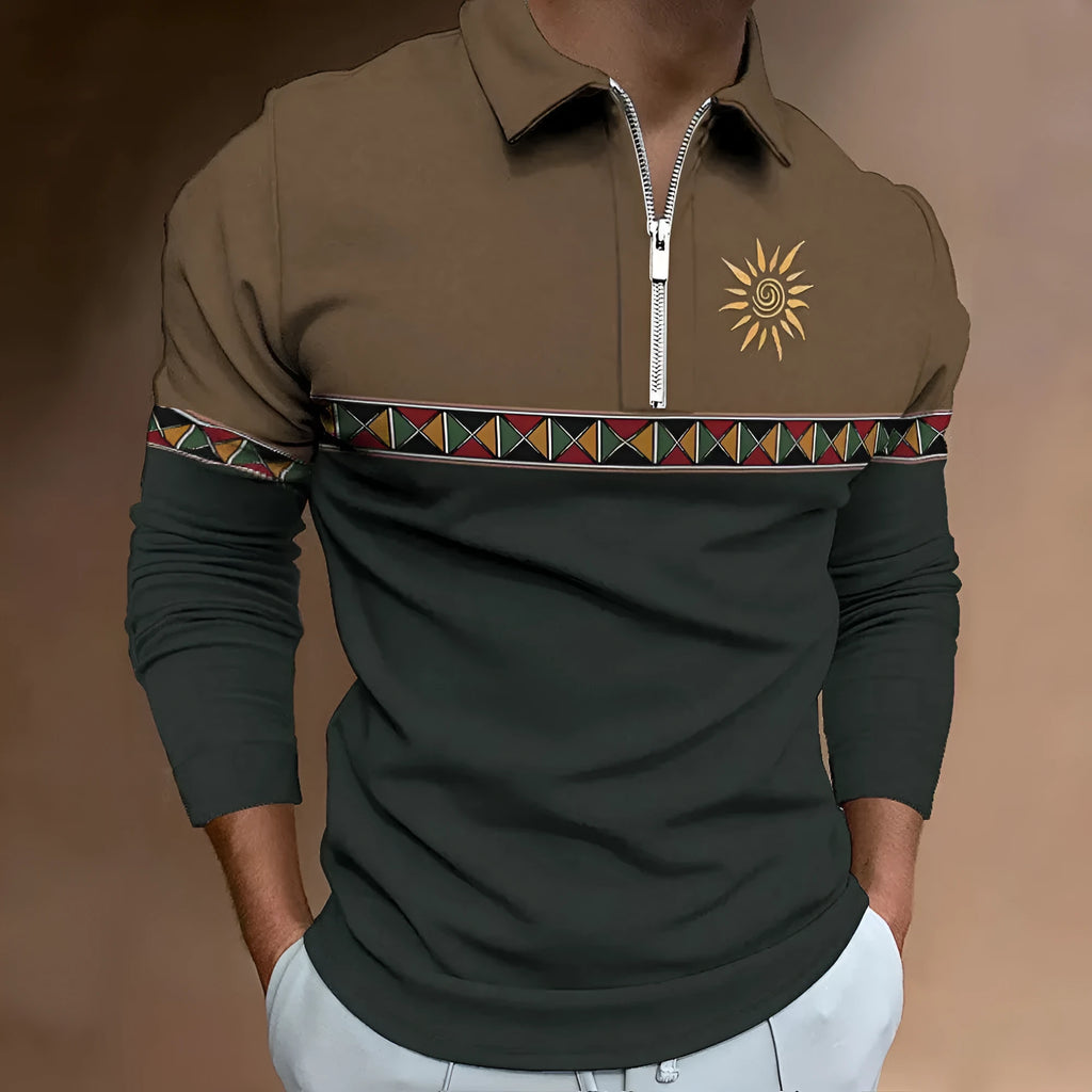 Men's retro colour print golf top with striped pattern and zipper decorations on polyester bird eye cloth