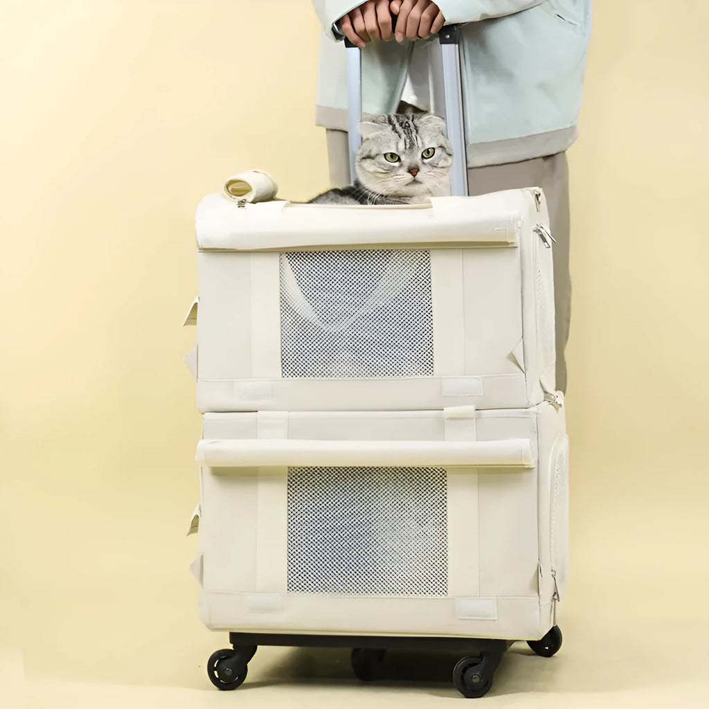 Pet trolley double-deck bus shape cat carrier bag in brown nylon with wheels and top handle