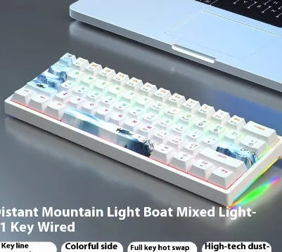Bluish black 61-key compact mechanical keyboard with hot-swappable sockets and coloured keycaps.