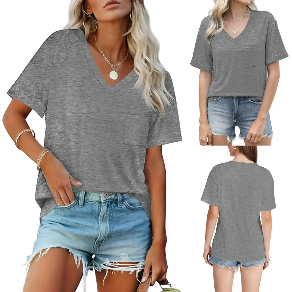 Grey loose fit V-neck T-shirt with front chest pocket, short sleeves, Japanese Korean casual style