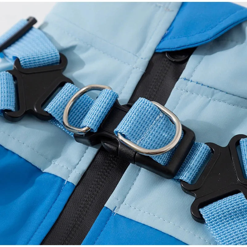 Autumn winter dog raincoat for small medium dogs windproof waterproof four-legged cotton coat with reflective stripes blue colour
