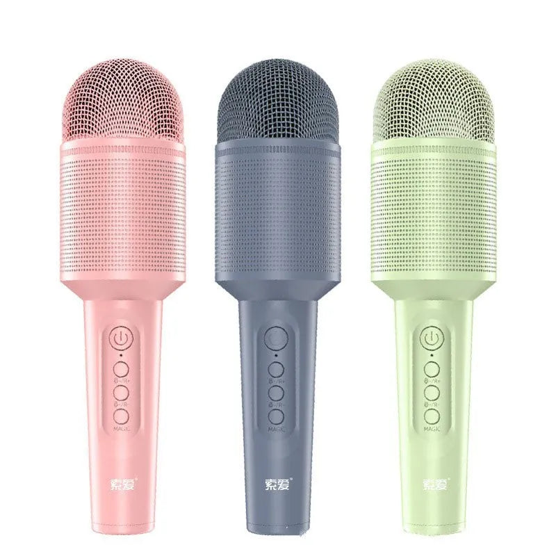 Audio integrated wireless Bluetooth USB karaoke microphone in pink, blue and green colour options