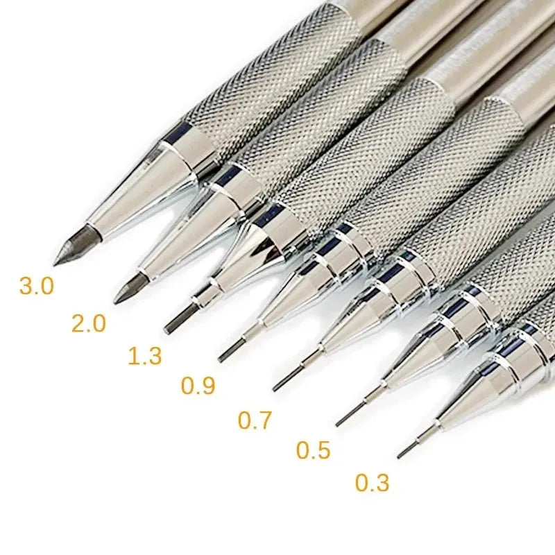 Metal automatic mechanical drafting pencil with multiple lead size options including 0.5mm and 2.0mm.