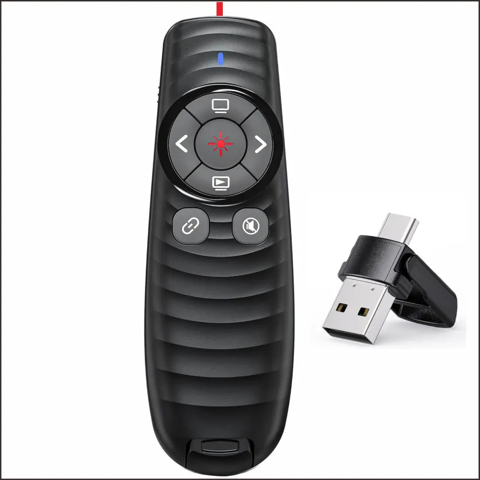 Dual receiving laser pointer remote control in black or white with red light and page turning functions