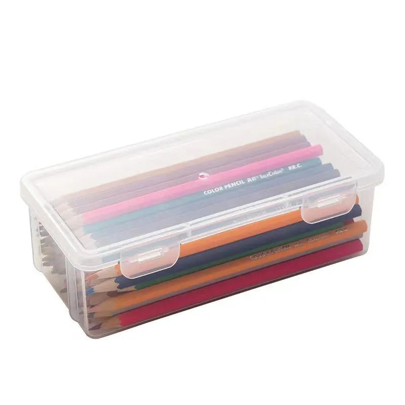 Transparent plastic stationery storage box for pencils, crayons, and drawing tools