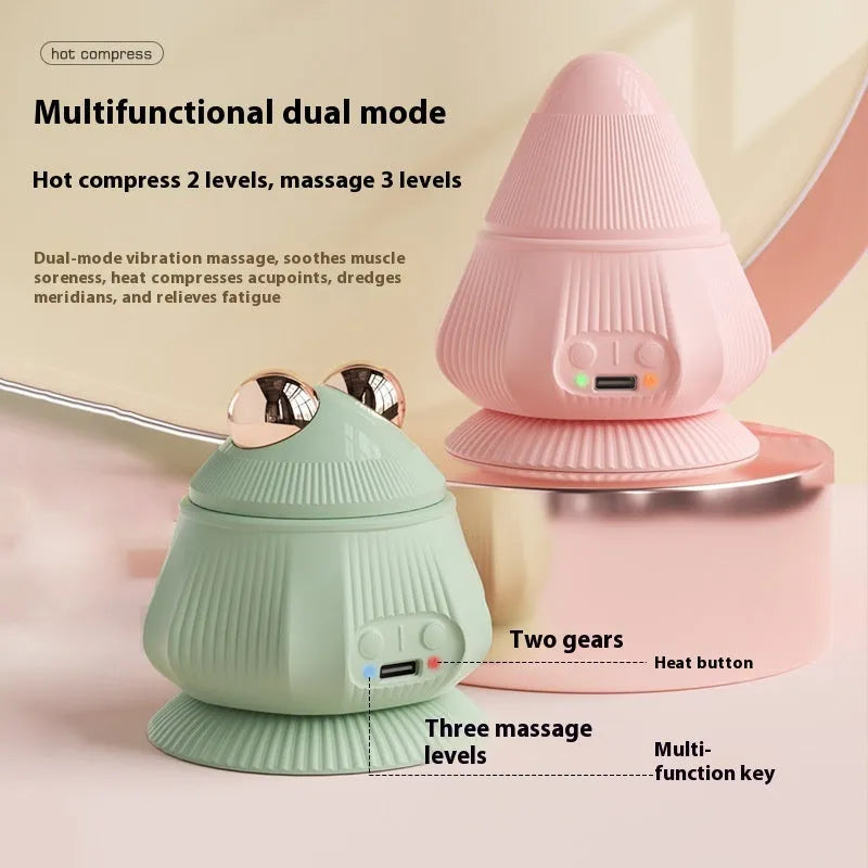 Rechargeable neck massager with multi-head silicone design and hot compress, shown in pink with gift box