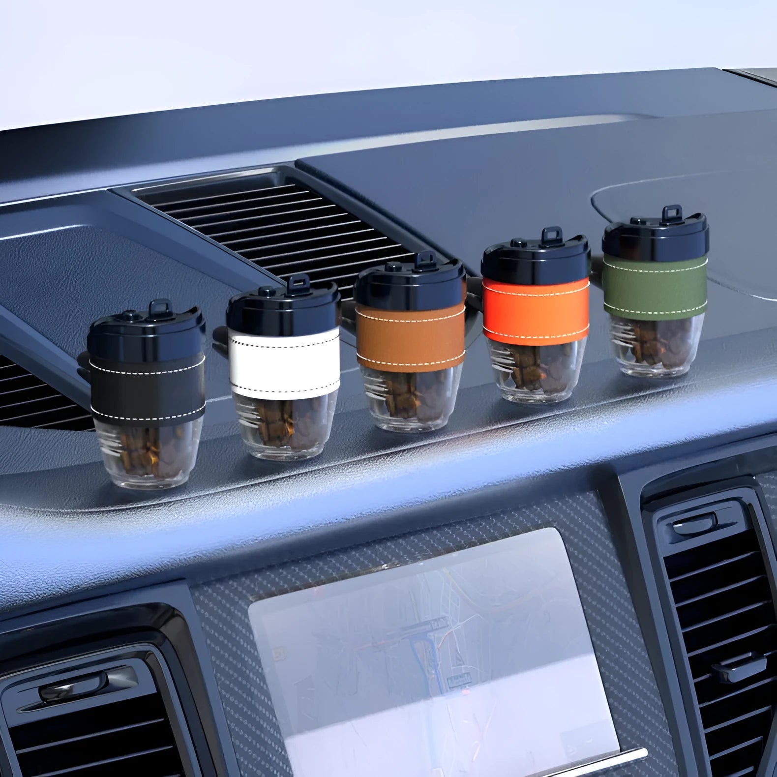 Coffee cup shaped car air freshener in plastic with coffee beans fragrance and multiple colour options