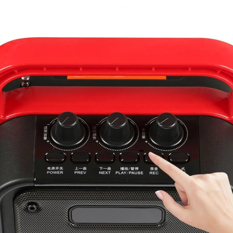 MS62AI portable Bluetooth speaker with wireless microphone, remote control, and strap