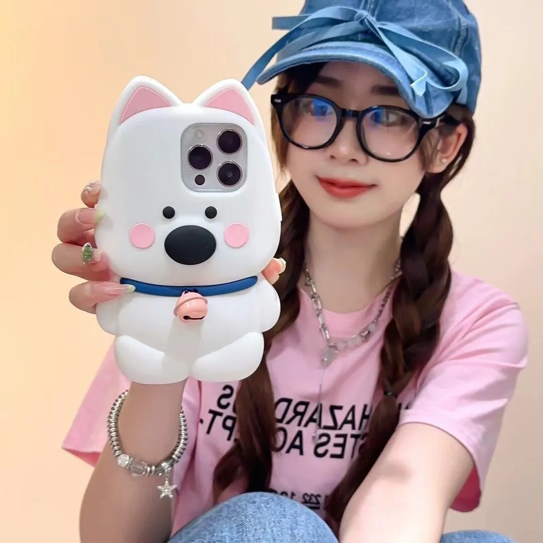 Pink bell small white dog silicone phone case for iPhone 12 to 15 Pro Max, all-inclusive fall protection.