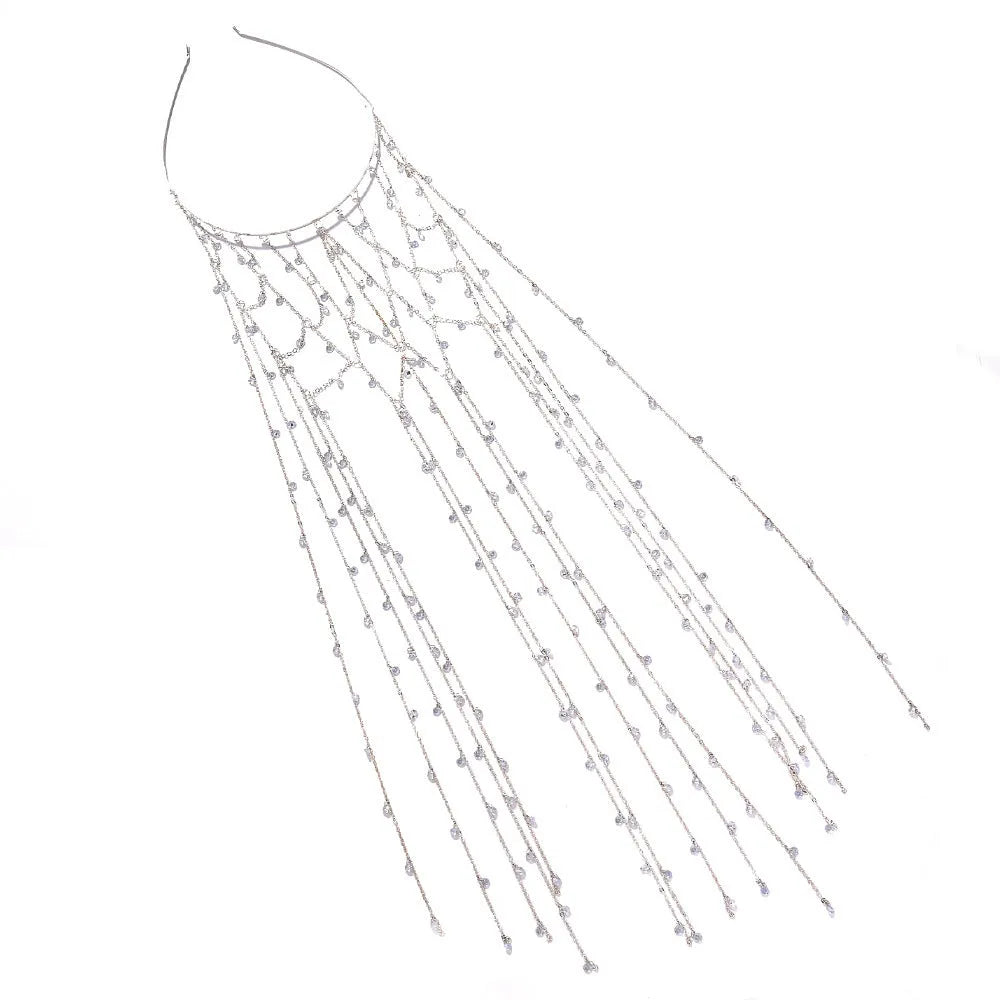 Gold mesh hair band with rhinestone decoration and tassel detail for formal hairstyles