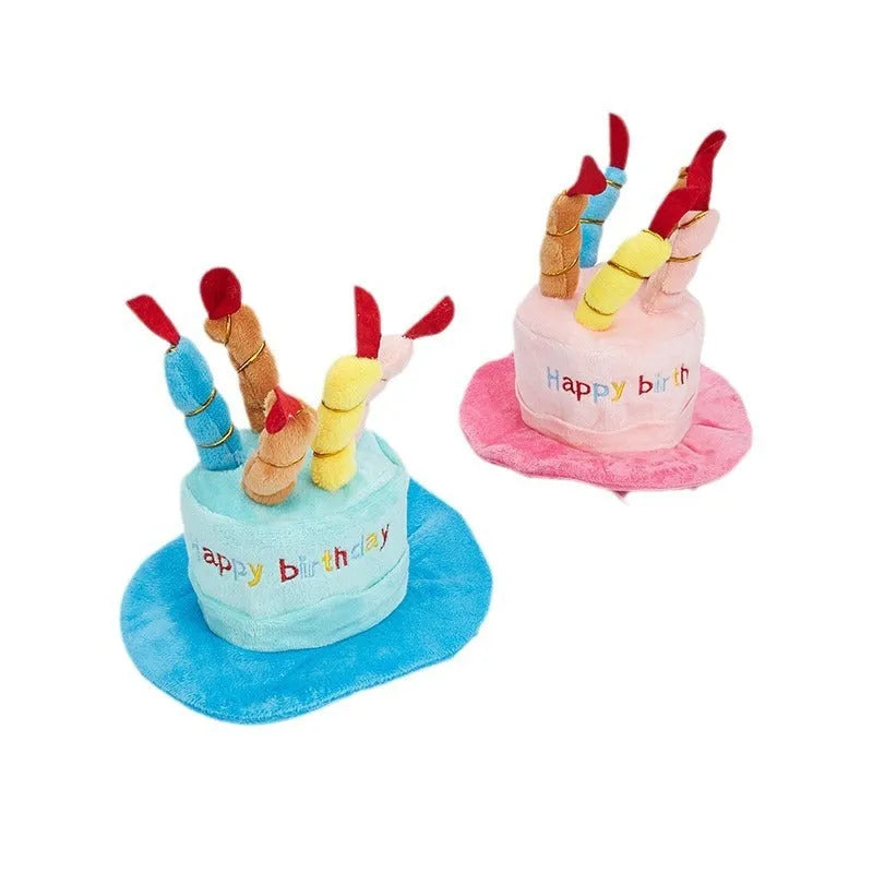 Cute pink and blue birthday hats for small dogs, shown with size scale.