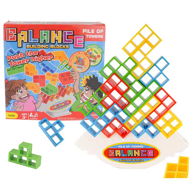 Plastic balance stacking game with 16 coloured blocks, chassis, and base on a table.