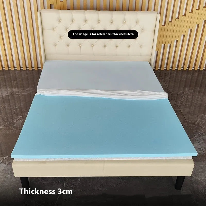 Thin gel memory foam mattress topper showing three thickness options on a tatami mat
