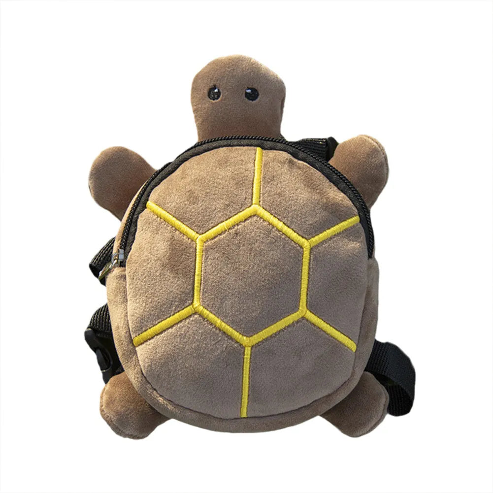 Brown turtle-shaped velvet dog backpack harness with storage compartment and metal zipper