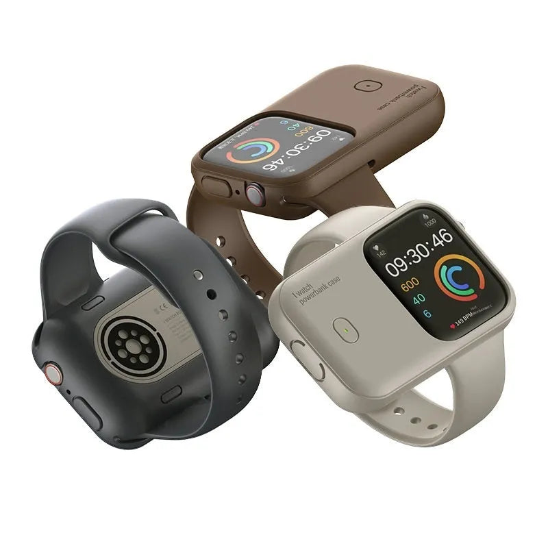 Apple Watch portable charging case with silicone protective cover in brown, midnight blue, or starlight colours