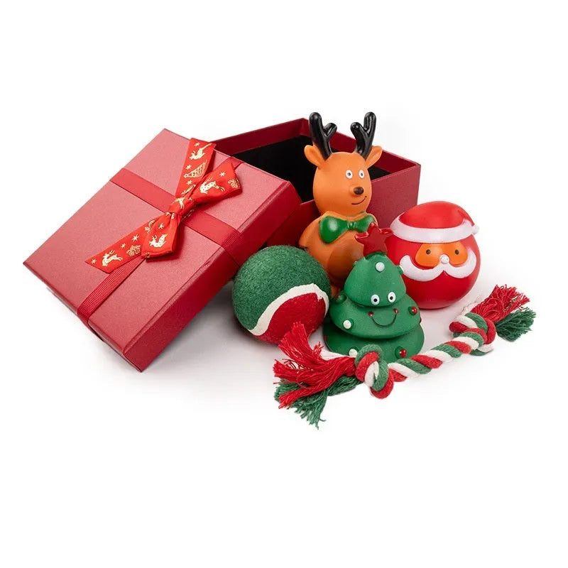 Seven sets of colourful vinyl Christmas dog toys including barbells, balls, bite ropes, and Santa Claus figures