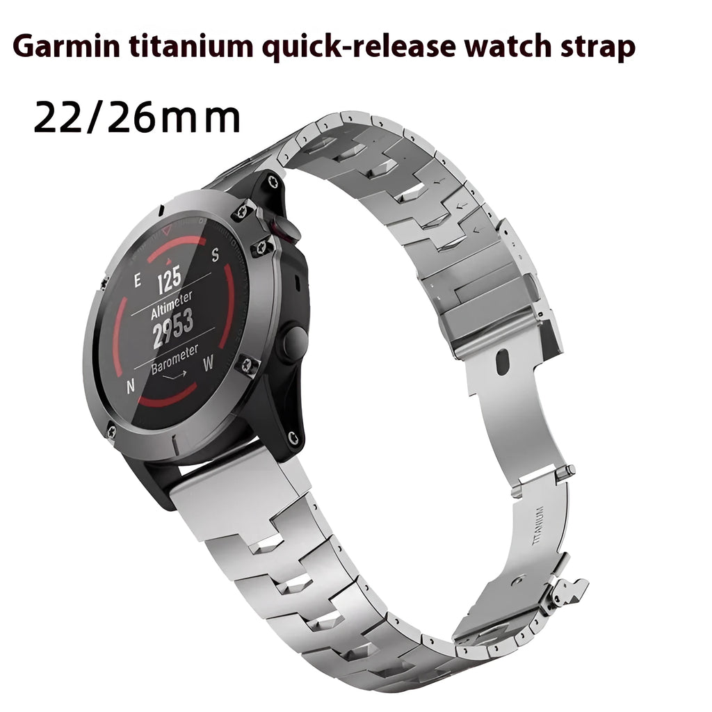 Metal watch strap for Garmin Fenix smartwatch in silver, black, or titanium with 22mm or 26mm width