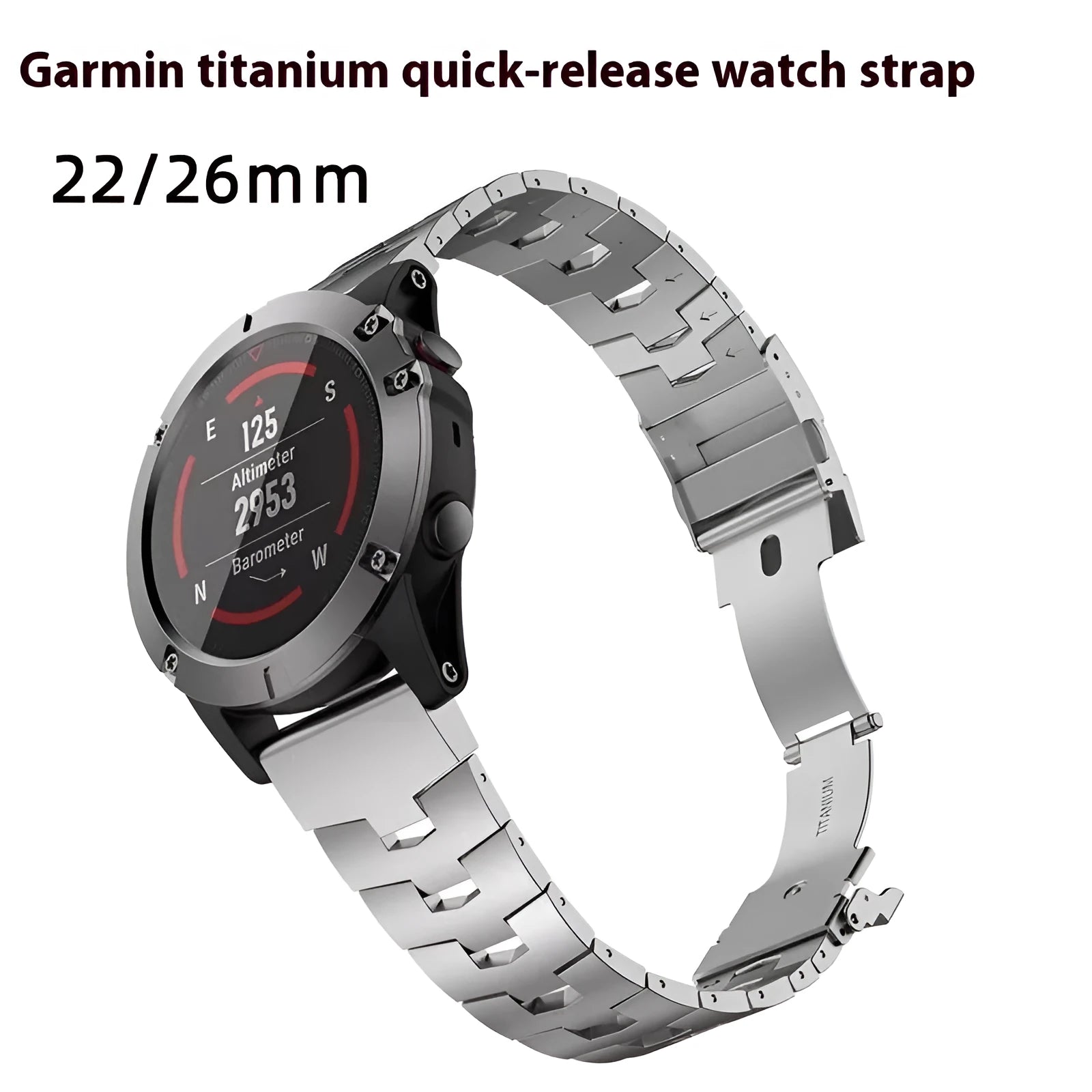 Metal watch strap for Garmin Fenix smartwatch in silver, black, or titanium with 22mm or 26mm width
