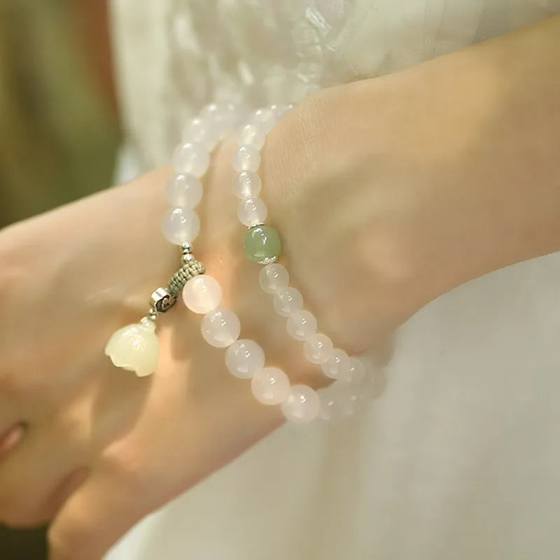 Women's S925 silver bracelet with white agate and Hetian jade stones in geometric national style