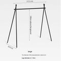 Large foldable aluminium alloy triangle frame camping drying rack with multiple hooks, shown with optional side hanger and top tray.