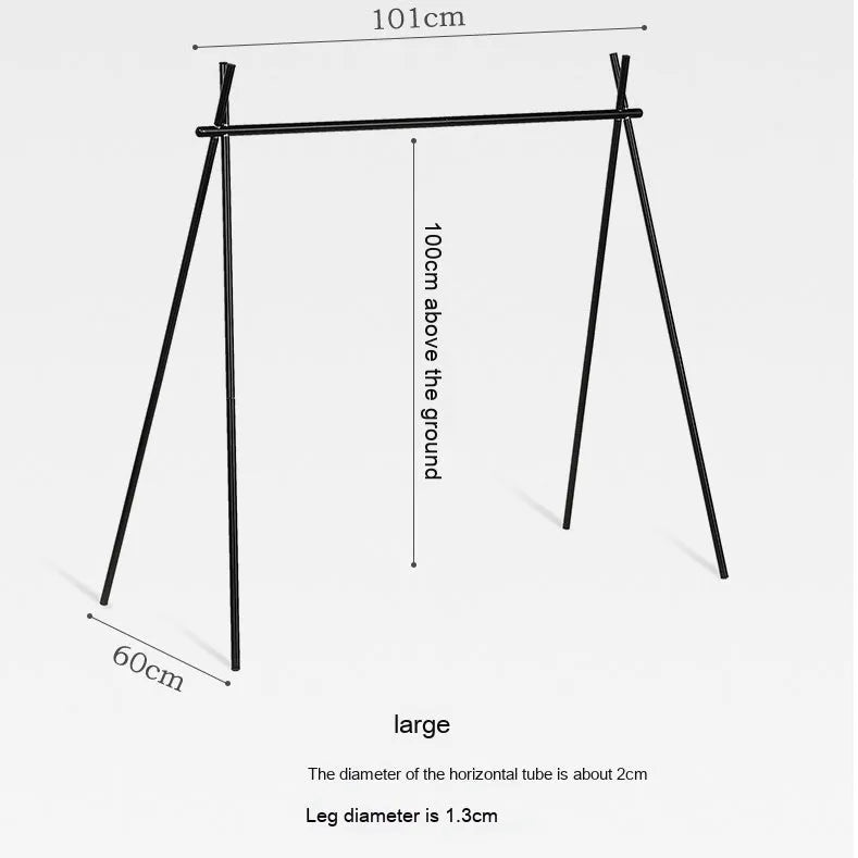 Large foldable aluminium alloy triangle frame camping drying rack with multiple hooks, shown with optional side hanger and top tray.