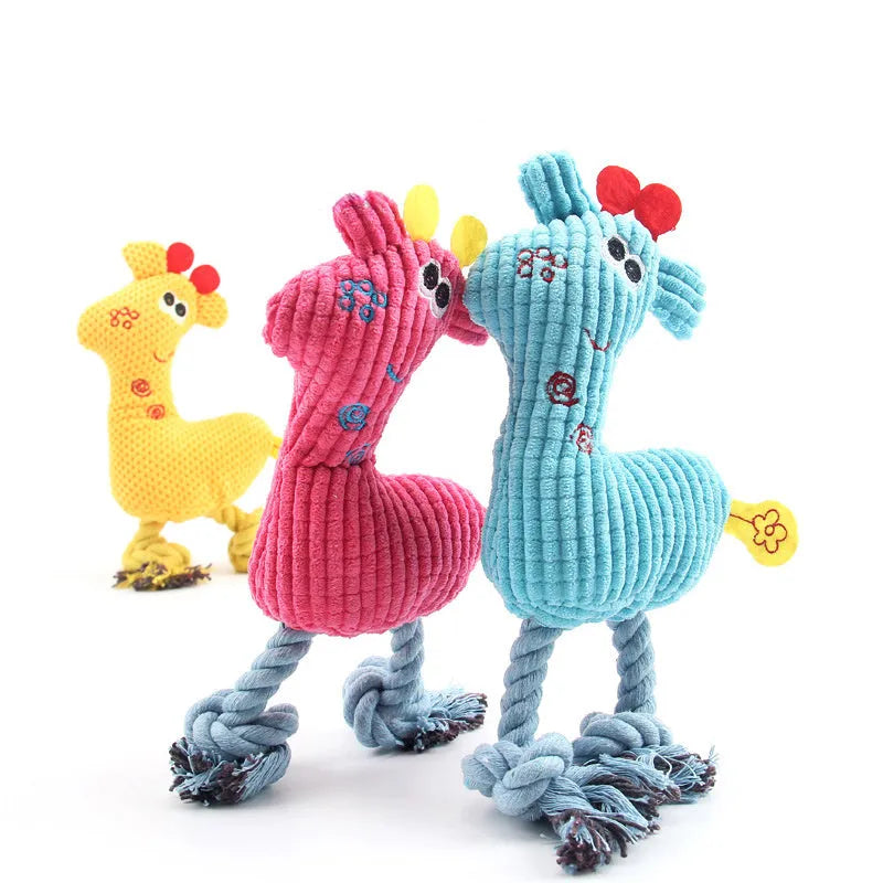 Blue deer-shaped plush dog toy with corn grain texture on a white background.