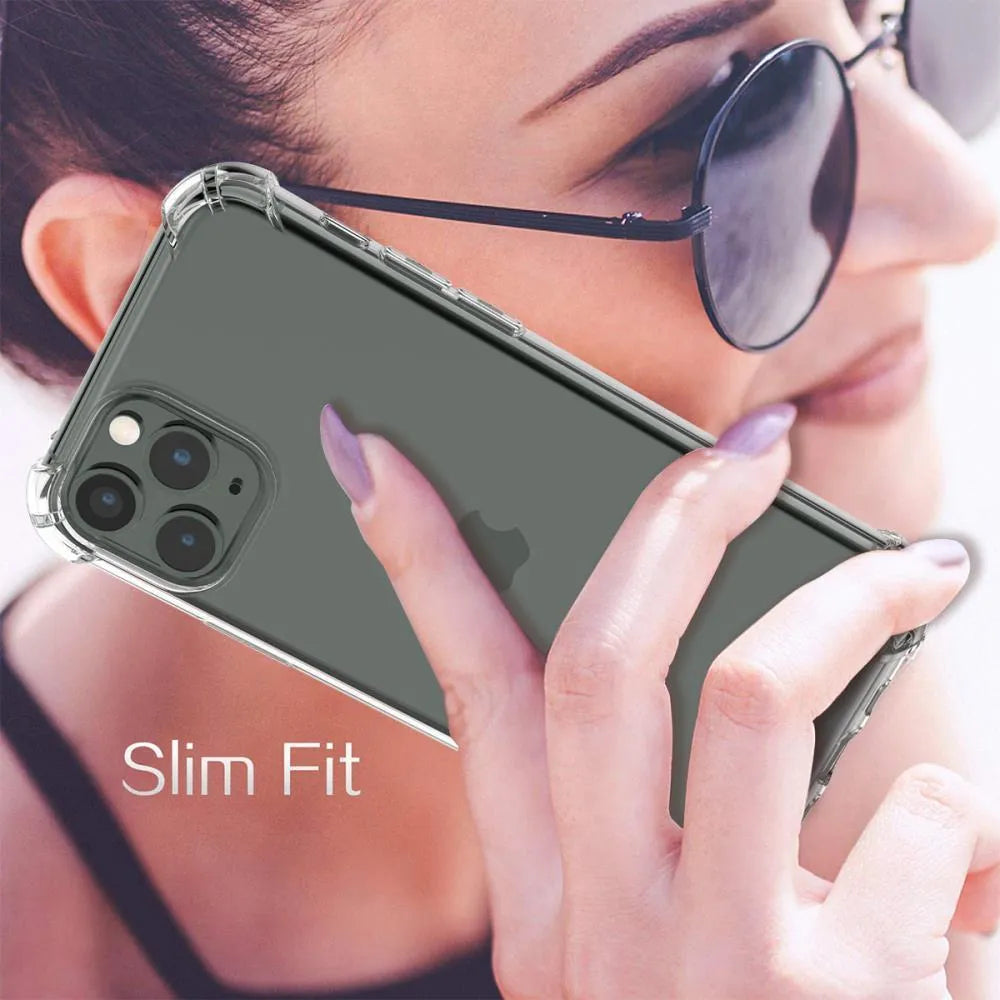 Clear transparent TPU shockproof phone case for Apple iPhone, showing front and back views.