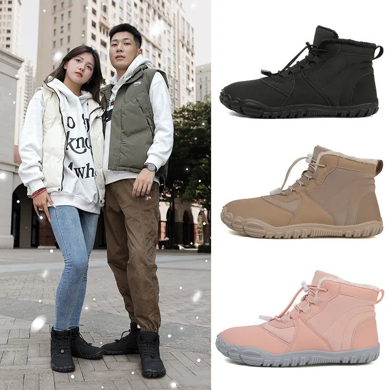 Outdoor snow boots in black, khaki, or pink with a lace-up front and rubber sole.