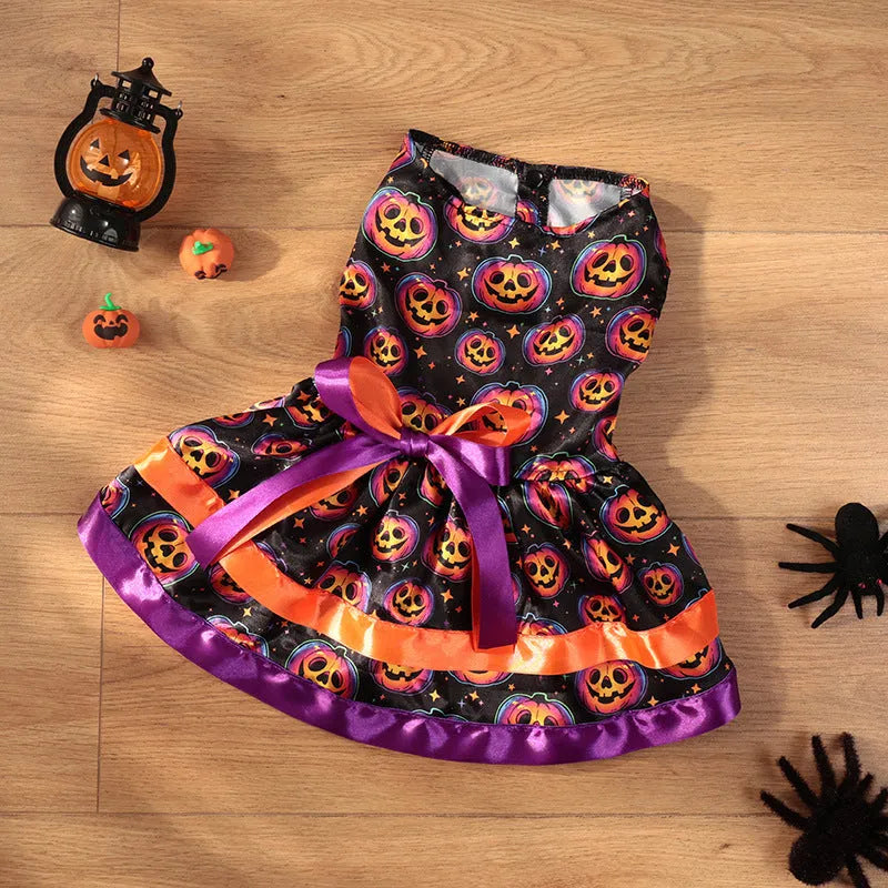 Halloween dog skirt with colourful pumpkin pattern, double-layer polyester construction