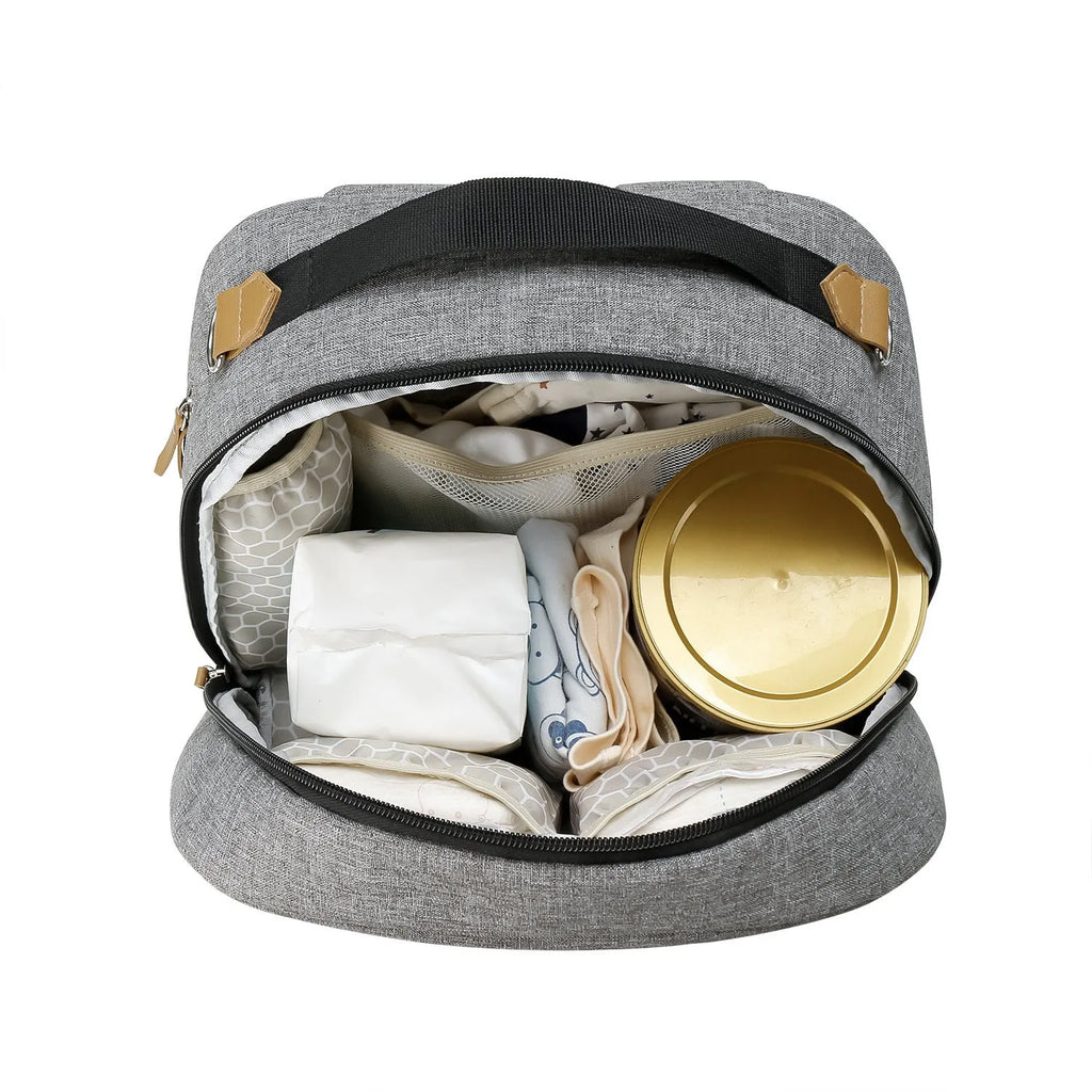 Grey insulated Oxford cloth mother and child travel backpack with curved shoulder straps, shown with dimensions 34x15x44cm