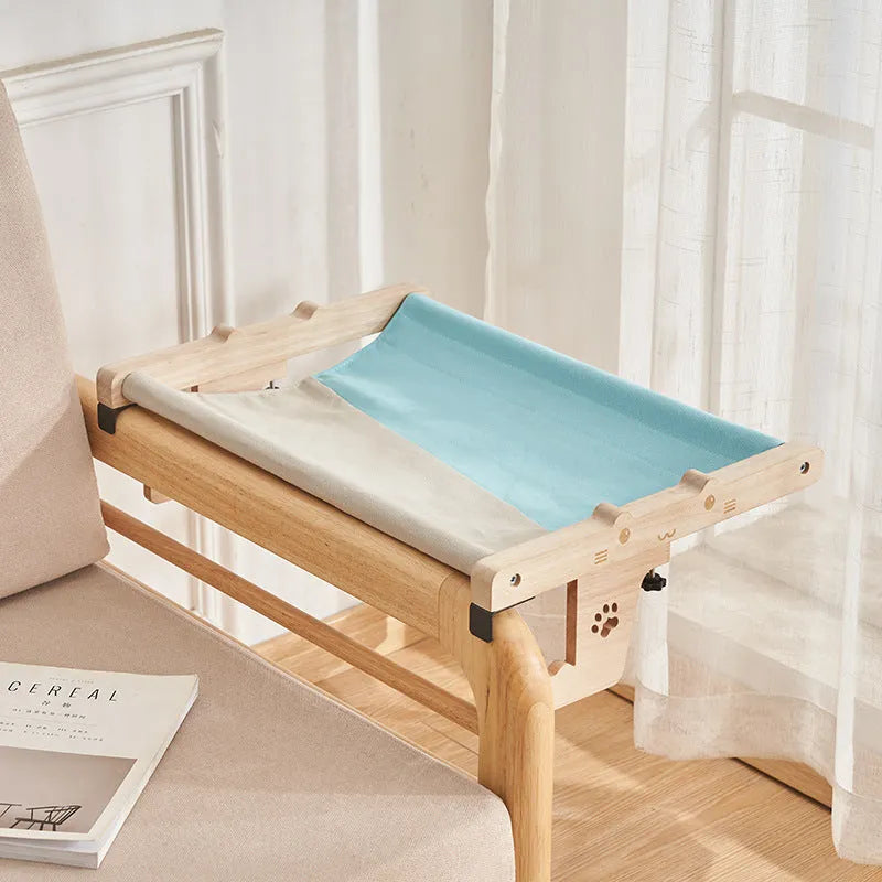 Wooden cat hanging bed hammock in one of seven style options for balcony or window placement
