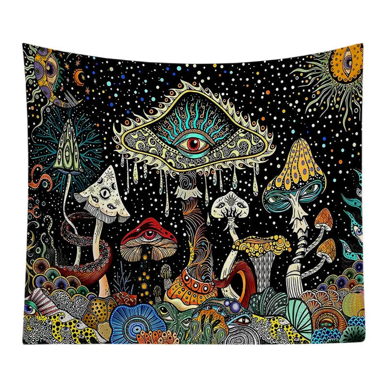Starry Mushroom polyester tapestry with skull and geometric abstract pattern, rectangular machine-woven wall hanging in multiple sizes