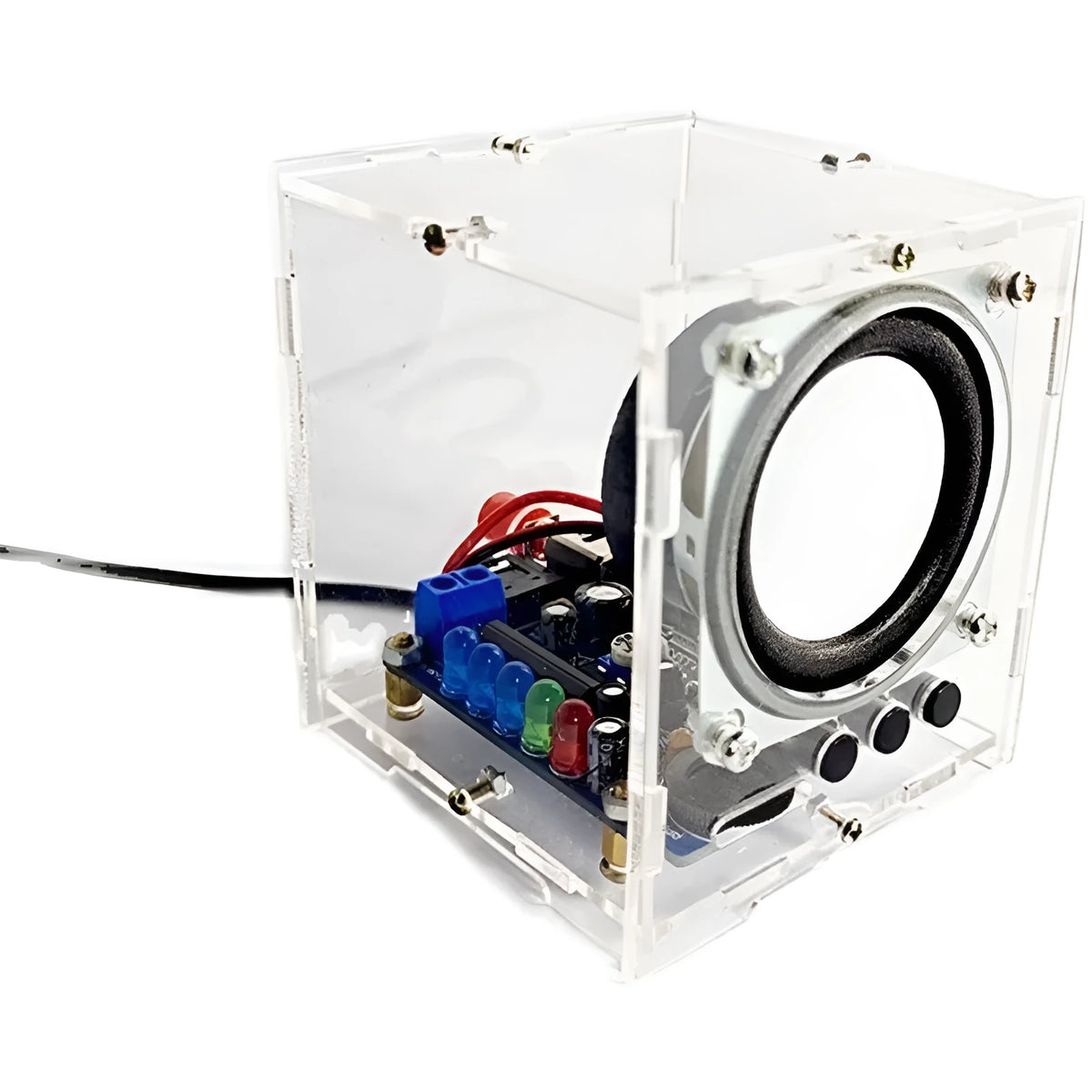TJ-56-527 Bluetooth speaker electronic kit with PCB, components, drawings and casing, 70 x 70 x 80mm