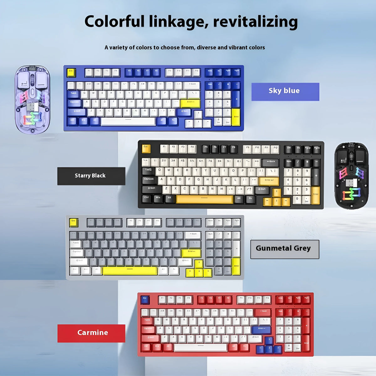 Custom mechanical keyboard and wireless mouse combo with backlight illumination in selected colour option
