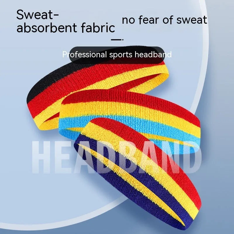 Adult sports headband in multiple colour combinations including black red yellow and blue white red.