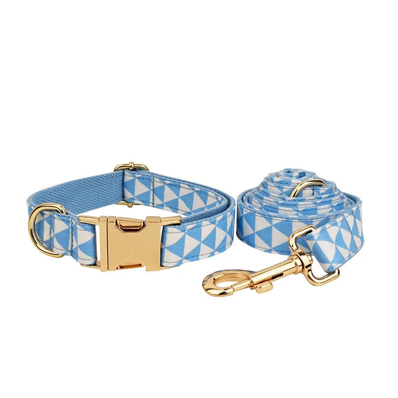 Blue triangular rope ring dog accessory set with matching vest, collar and bow decoration