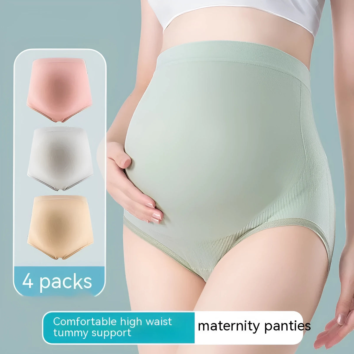High waist seamless maternity underwear with cotton crotch in green, skin colour, light brown, or light grey.