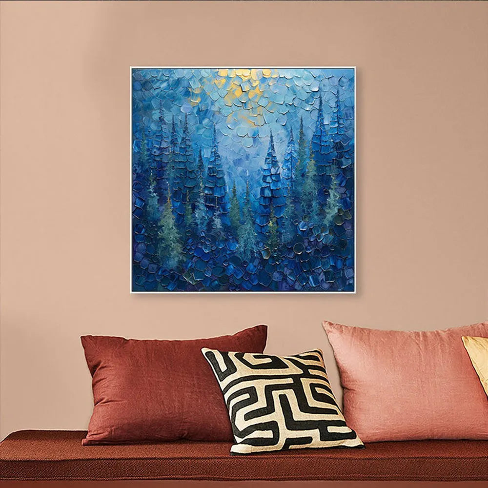 Blue mysterious forest tree oil painting hand painted on canvas square abstract landscape art
