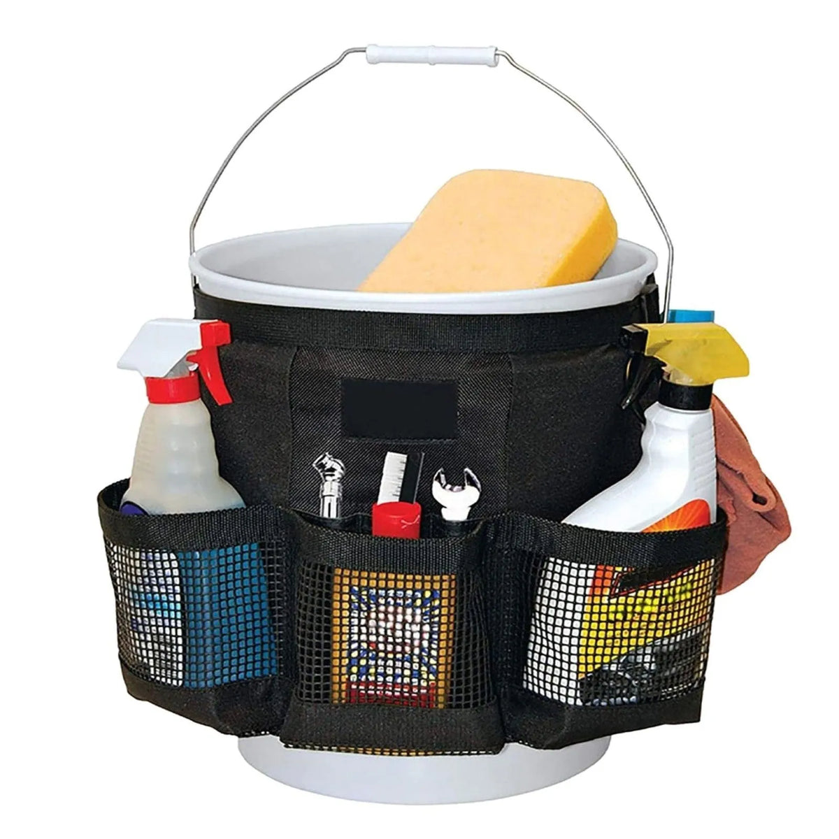 Black cylindrical polyester storage bag fitted onto a 5-gallon bucket for holding car wash tools and fishing gear.