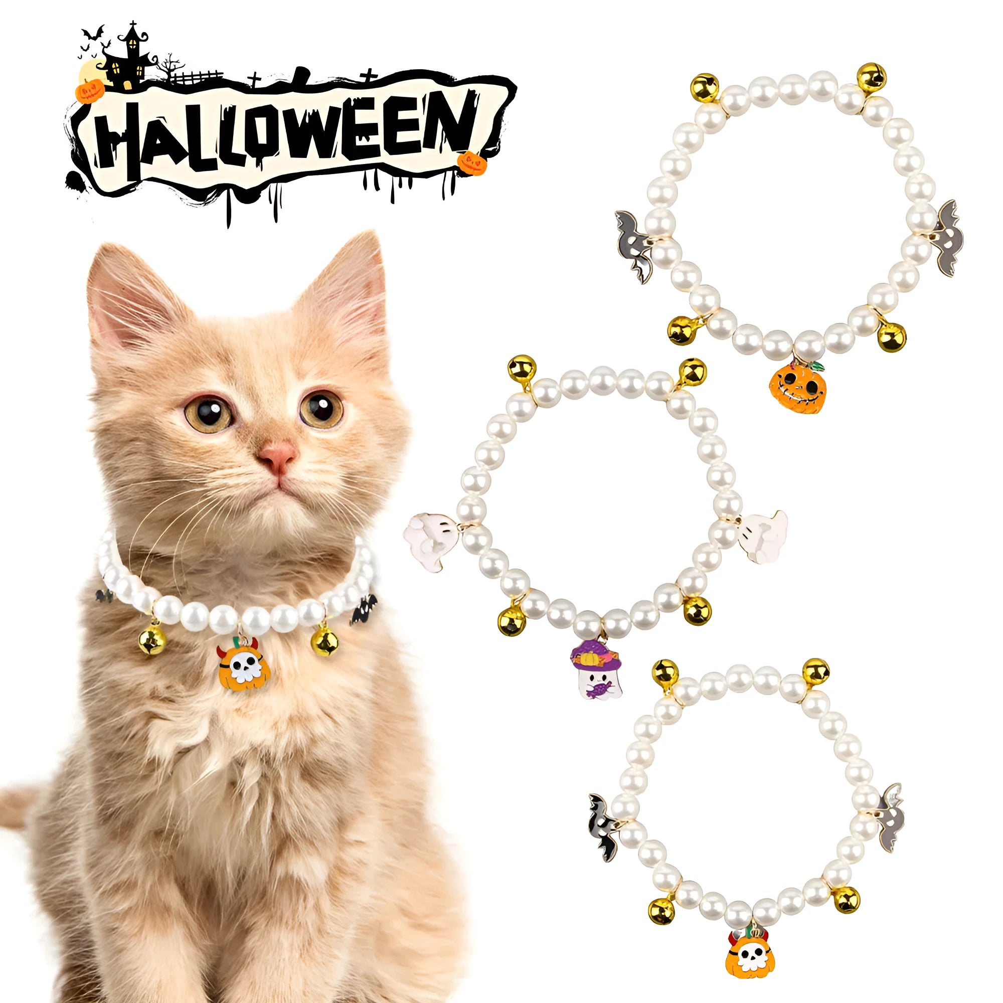 Purple Halloween cat collar decoration with simulated pearl necklace and pumpkin charm design