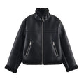 Women's black double-sided fleece jacket, medium thickness, PU fabric, sizes XS to L