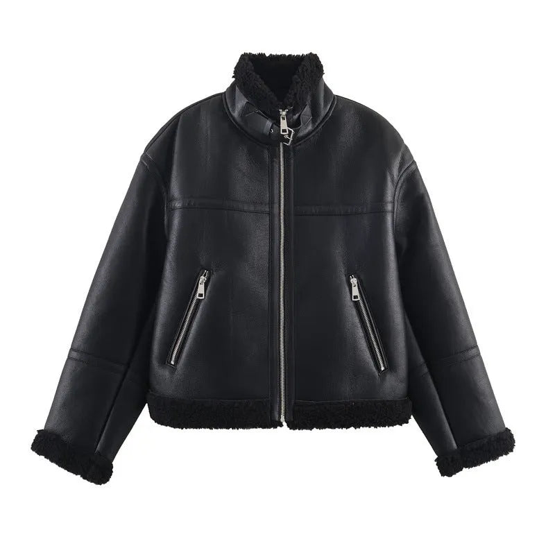 Women's black double-sided fleece jacket, medium thickness, PU fabric, sizes XS to L