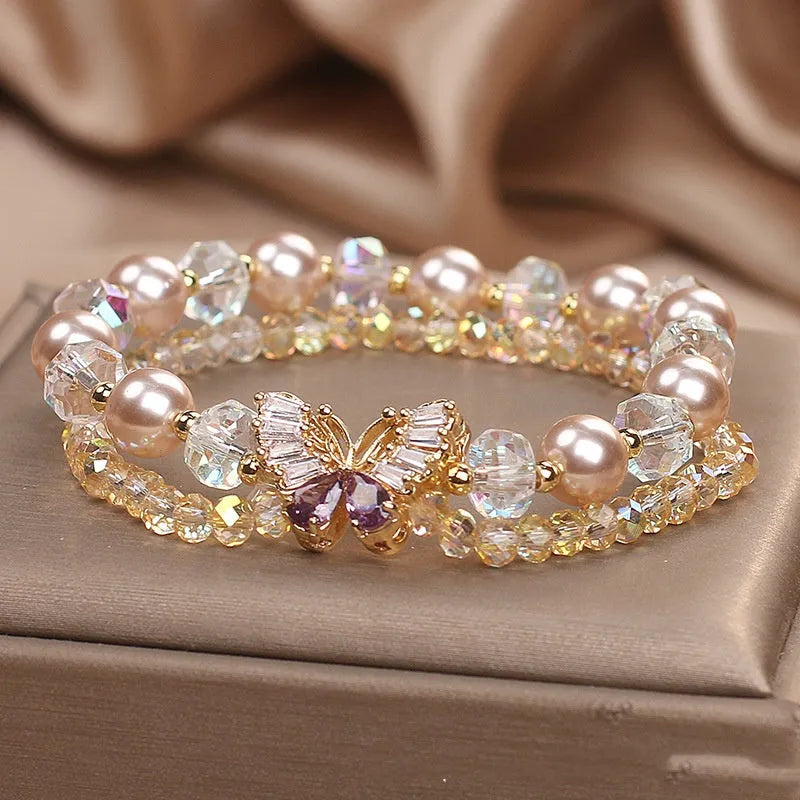 Light yellow artificial crystal butterfly bracelet for women, original design travel gift