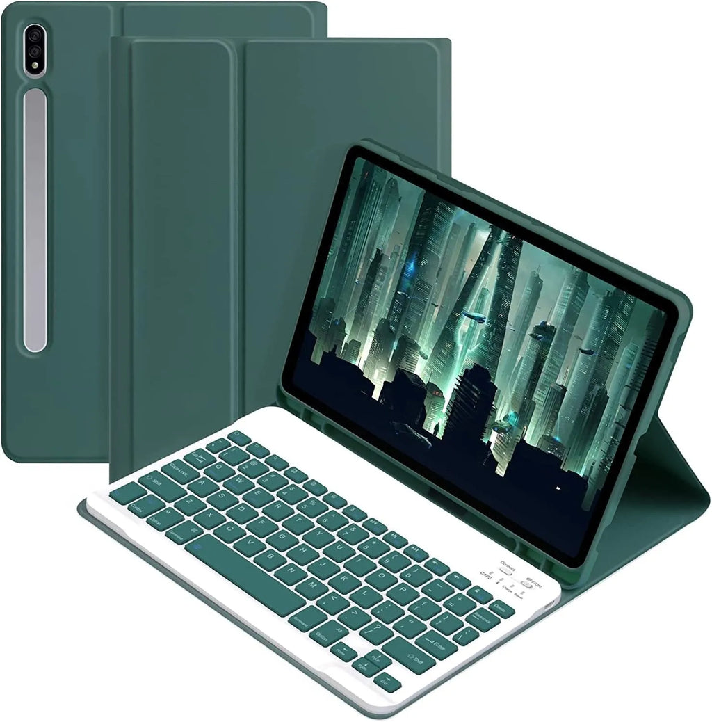Samsung Galaxy Tab keyboard case with Bluetooth mouse in six colour options including black, pink, blue, green, and purple