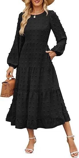 Long sleeve casual dress with ruffle sleeves and high waist in solid colour.