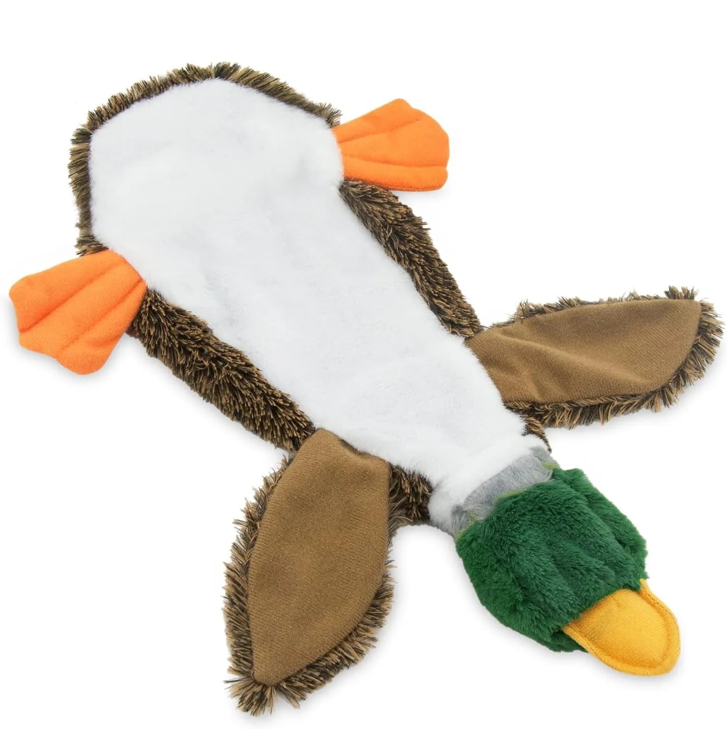Green wild duck design stuffless plush dog toy with two squeakers.